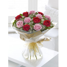 Hand Bouquet of 6 Stalks of Valentine Day Red Roses and 6 Valentine Day Pink Roses